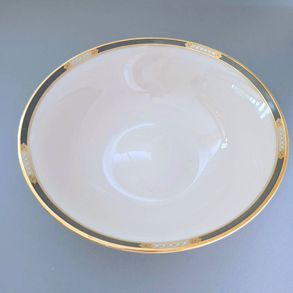 Lenox McKinley Round Serving Bowl Presidential Ivory Color Gray Band Gold Trim